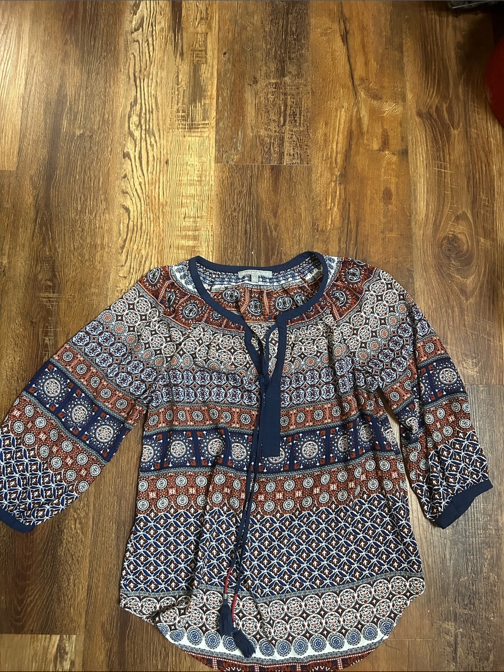 Daniel Rainn Navy and Rust Printed Peasant Top